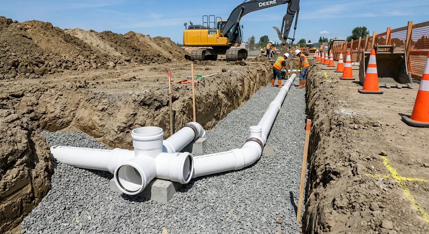 New PVC sewer pipe installation in open trench for Sewer Backup in Pleasant Hill